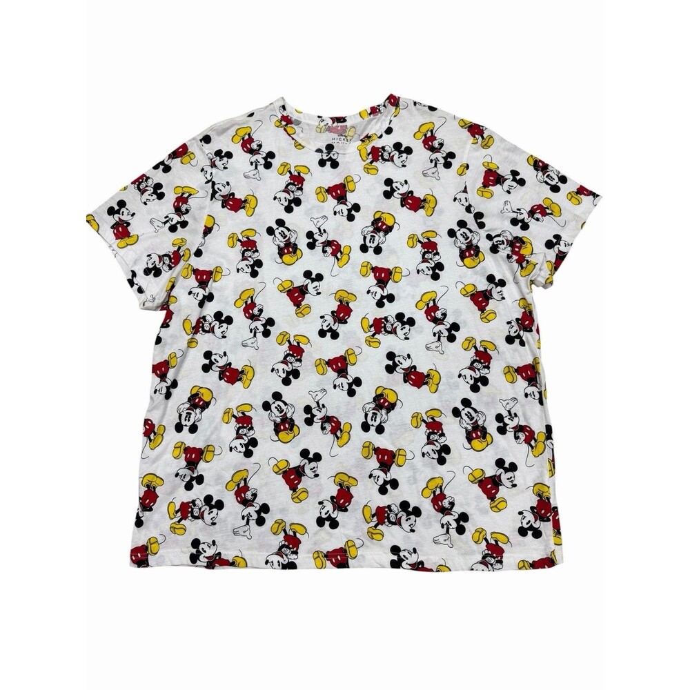 Disney White T-Shirt Tee Mickey Mouse All Over Print Crew Neck Womens 2XL